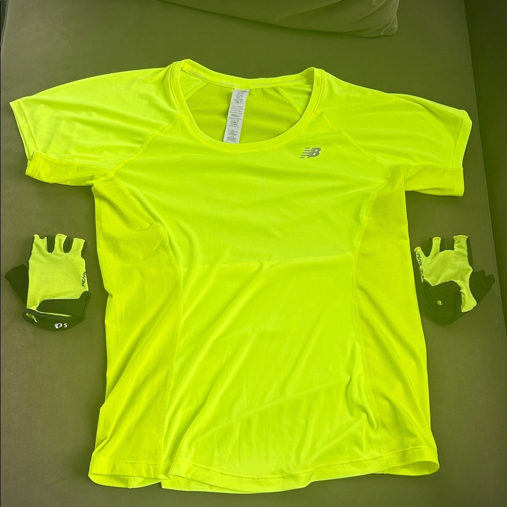 New Balance Neon Yellow Shirt with Black Gloves